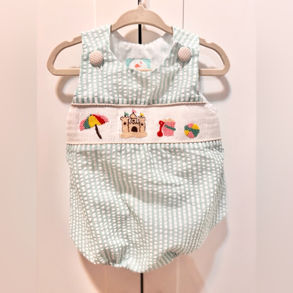 Smocked Striped Baby Romper with Beach Embroidery